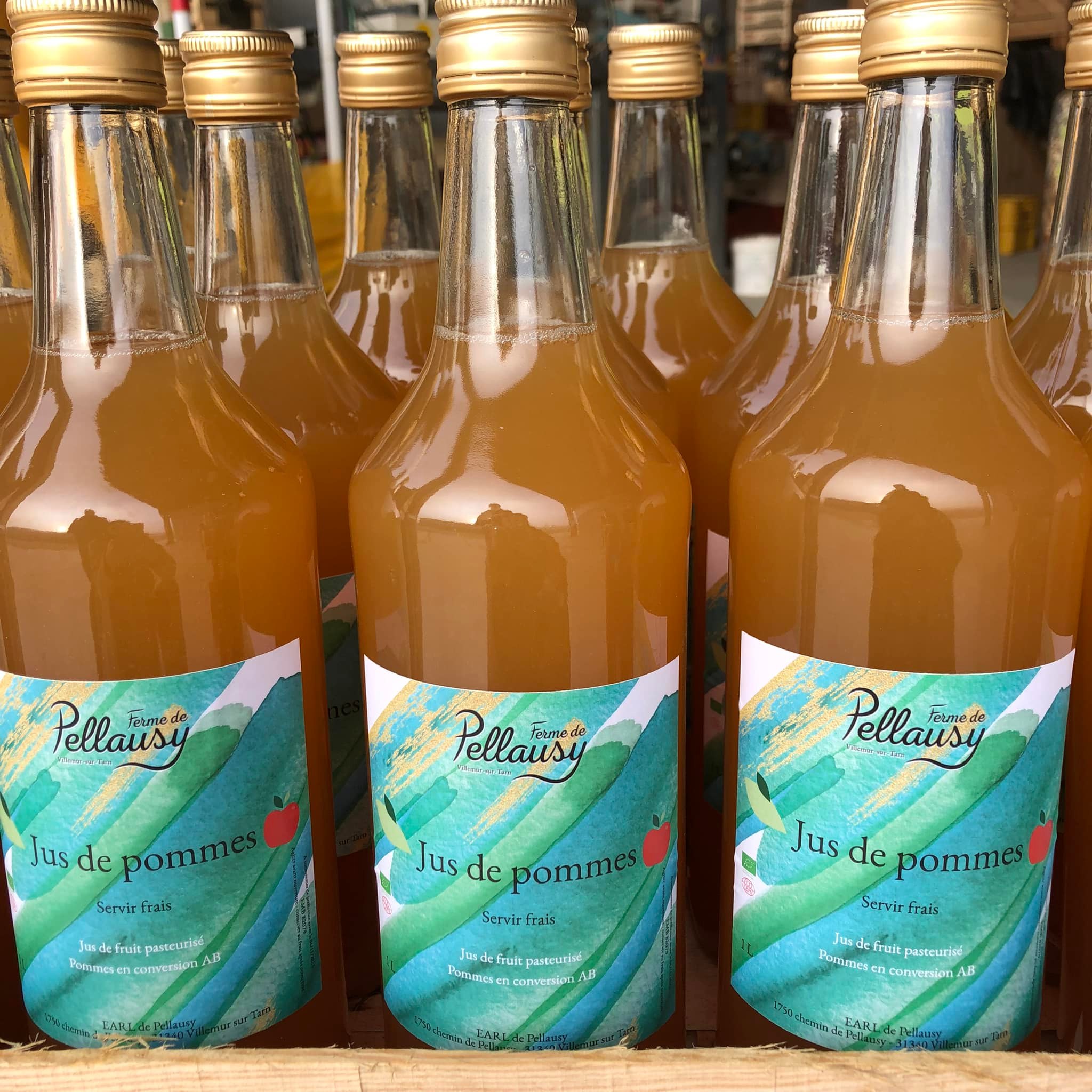 Jus de pommes artisanal Ferme Pellausy en bouteilles alignées à villemur-sur-tarn