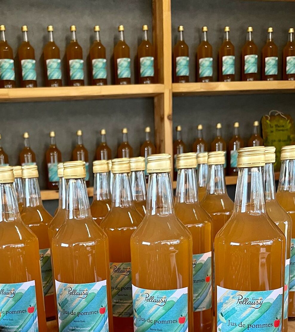 Bouteilles de jus de pommes artisanal Ferme Pellausy en rayon à villemur-sur-tarn